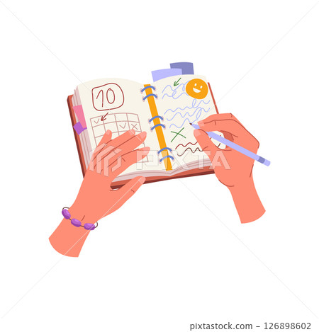 Vector calendar with plan or handwritten list. Cartoon symbol for schedule or timetable, checklist or todo record. Reminder or logbook, notes or planner. Writing, planning, preparation timeline page. 126898602
