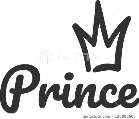 Simple black and white illustration featuring prince lettering and a crown, perfect for celebrating a little boy birthday party or baby shower. Ideal for invitations and decorations 126898603