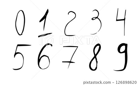Set of black handwritten numbers, grunge numbers drawn with ink, vector collection of calligraphic acrylic or ink numbers, ABC for your design, brush lettering, numbers for birthday greetings 126898620