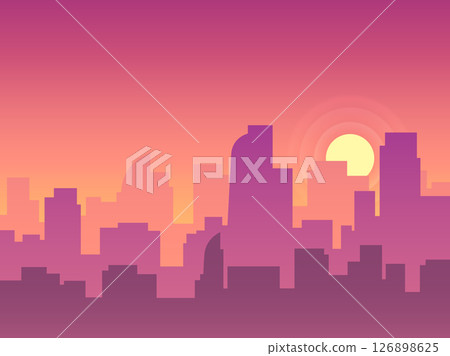 Purple and orange gradient sunset over a modern city skyline with skyscrapers and office buildings creating a vibrant and colorful urban landscape Purple and orange gradient sunset over a modern city skyline with skyscrapers and office buildings creating a vibrant and colorful urban landscape 126898625