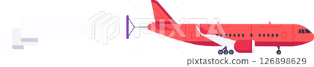 Red airplane refueling in flight, connected to a purple tanker through a special pipe for fuel transfer, ensuring continuous operation and long range flights 126898629