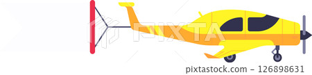 Side view of a yellow and orange light aircraft flying with a v tail, featuring two dark tinted windows, a propeller, landing gear and orange stripes on the tail and wings 126898631
