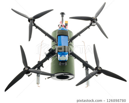 Helicopter with blades and battery. Helicopter view from above. Flying drone on white background. Drone isolate. Helicopter with blades and battery. Helicopter view from above. Flying drone on white background. Drone isolate. 126898780
