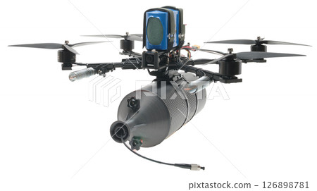 FPV drone with propellers and camera. Drone in the air on a white background. Isolate fpy drone. Drone front view. FPV drone with propellers and camera. Drone in the air on a white background. Isolate fpy drone. Drone front view. 126898781