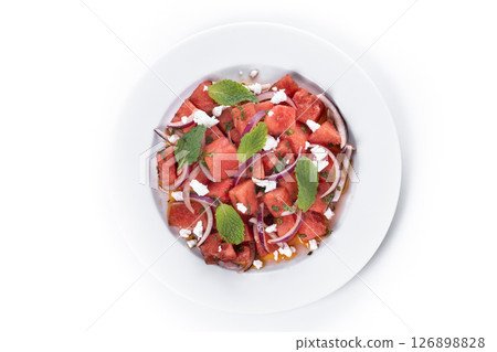 Fresh Watermelon Feta Salad with Mint and Red Onion 126898828
