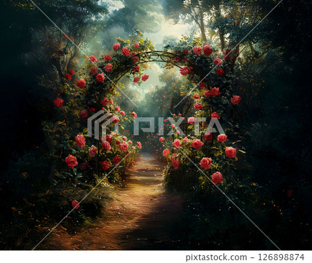 An arch of blooming roses: An oil painting style illustration of a rose garden 126898874