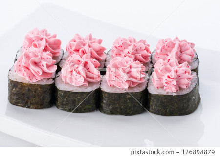 Japanese food restaurant, sushi maki gunkan roll plate or platter set. Sushi set and composition 126898879