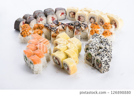 Japanese food restaurant, sushi maki gunkan roll plate or platter set. Sushi set and composition 126898880