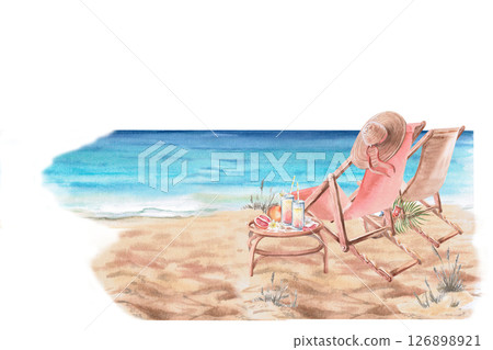 Seascape with sun loungers, table on the shore. Isolated watercolor illustration on the theme of summer holidays for the design of invitations, menus, posters. Seascape with sun loungers, table on the shore. Isolated watercolor illustration on the theme of summer holidays for the design of invitations, menus, posters. 126898921