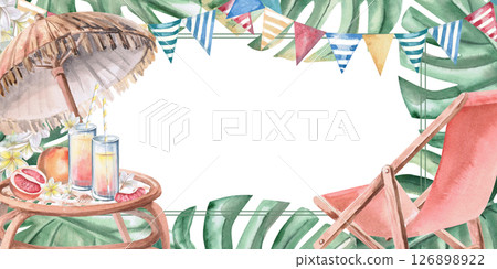 Rectangular frame with beach chair and umbrella, festive flags and table with treats. Isolated watercolor illustration on party theme for invitations, menus, posters. Rectangular frame with beach chair and umbrella, festive flags and table with treats. Isolated watercolor illustration on party theme for invitations, menus, posters. 126898922