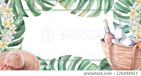 Rectangular frame with beach hat and bag filled with wine and glasses. Isolated watercolor illustration on the theme of a beach party for decorating invitations, menus, posters. 126898923