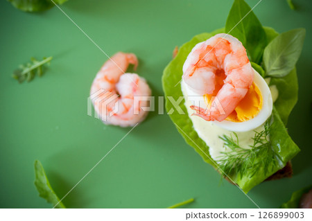 Sandwich with egg and shrimp on green background from above 126899003