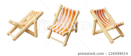 Wooden deck chair with striped fabric 3D vector icons set, cartoon beach chaise longue for summer relaxing sunbathing Wooden deck chair with striped fabric 3D vector icons set, cartoon beach chaise longue for summer relaxing sunbathing 126899014