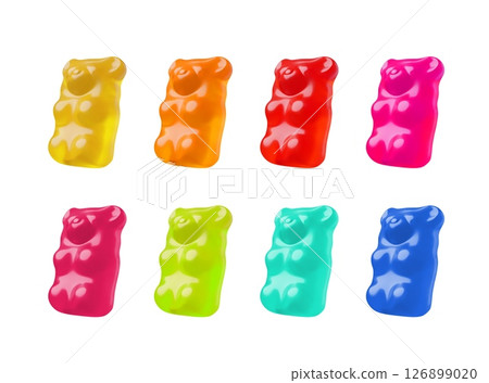 Chewy jelly gummy bears different colors 3D vector set, sweet candy dessert, realistic animal marmalade confectionery 126899020