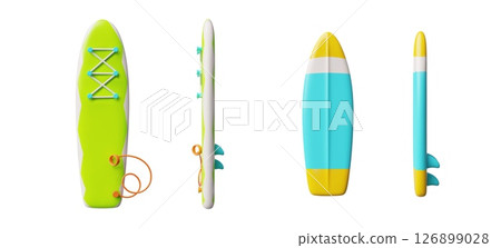 Surfboard and SUP board 3D cartoon vector set, realistic windsurfing boards for active sport on water, sports equipment 126899028