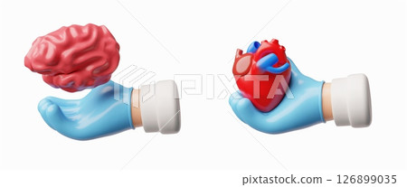 3d vector set of hands in gloves holding brain and heart. 3d vector set of hands in gloves holding brain and heart. 126899035
