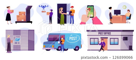 Post office scenes vector set, delivery and logistic services, people, postman and courier with box packages, parcels 126899066