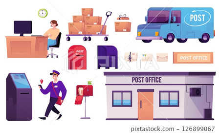 Post office concept vector flat illustrations set, cart with boxes, mailbox and parcel, postman, truck, delivery service Post office concept vector flat illustrations set, cart with boxes, mailbox and parcel, postman, truck, delivery service 126899067