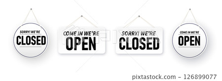 Closed white signboards hanged . Rectangular shape clipboard for retail, shop, store, cafe, bar, restaurant. Vector 126899077