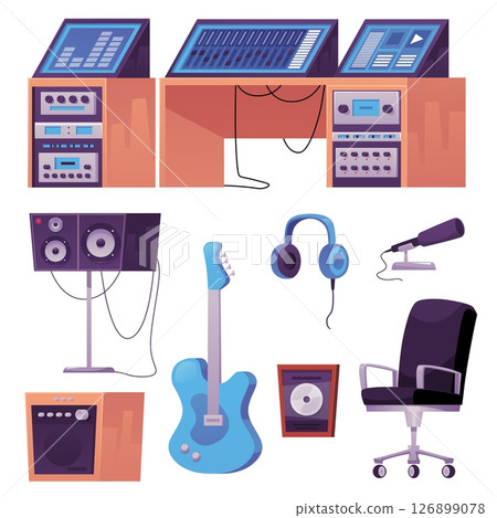 Vector set of music equipment with mixer, guitar, headphones, microphone, speakers, equalizer. Vector set of music equipment with mixer, guitar, headphones, microphone, speakers, equalizer. 126899078