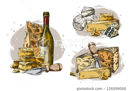 Vector set of watercolor illustrations with different types of cheese, knife and bottle of wine. 126899088