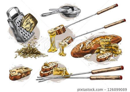 Cheese fondue preparation, Set of vector watercolor sketches with ingredients and equipment. 126899089