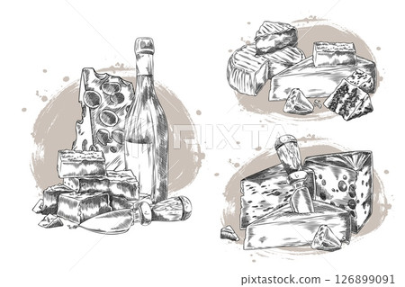 Compositions sketch vector set of different cheeses with bottle of wine and cheese knife, hand drawn maasdam, parmesan Compositions sketch vector set of different cheeses with bottle of wine and cheese knife, hand drawn maasdam, parmesan 126899091