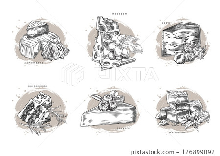 Vector sketch set of cheeses with fruits, berries, nuts and leaves. 126899092