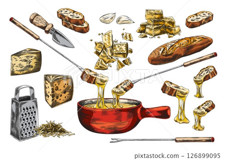Cheese fondue sketch vector set, melted cheese with bread on skewer and bowl, hand drawn national dish with garlic Cheese fondue sketch vector set, melted cheese with bread on skewer and bowl, hand drawn national dish with garlic 126899095