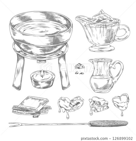 Monochrome sketch of a set with a fondue pot, fork, chocolate, milk jug, and fruit pieces. 126899102