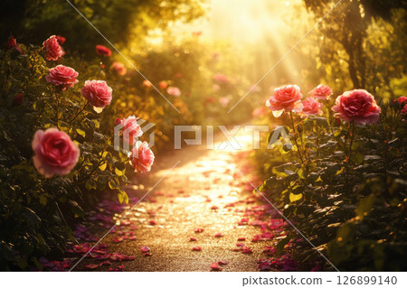 A peaceful path leads through a vibrant rose garden, adorned with blooming pink roses. The gentle sunlight filters through the green foliage, creating a serene atmosphere 126899140
