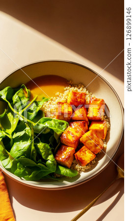 Colorful roasted tofu cubes sit atop fluffy quinoa, accompanied by fresh spinach leaves, all beautifully arranged for a healthy, vibrant meal 126899146
