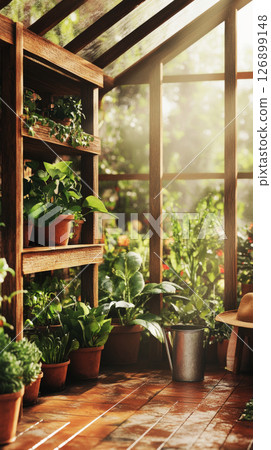 Lush plants and herbs thrive in a wooden shelf inside a greenhouse, with warm sunlight illuminating the growth during late afternoon, creating a tranquil atmosphere 126899148