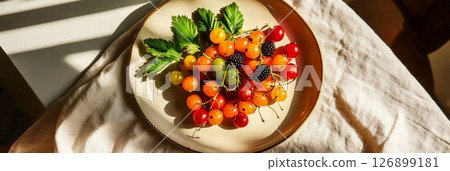 An assortment of colorful cherries and blackberries is arranged on a rustic plate, illuminated by warm sunlight filtering through a nearby window 126899181
