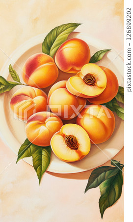 A collection of ripe peaches, some whole and others sliced, are artistically arranged on a plate surrounded by vibrant green leaves in a cozy kitchen atmosphere 126899202
