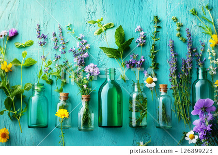 Various small glass bottles filled with vibrant essential oils are displayed with an assortment of fresh flowers, creating a calming and aromatic atmosphere 126899223