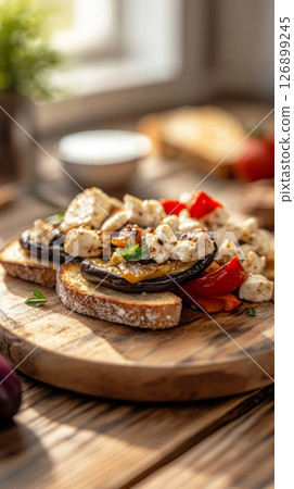 Brightly colored toasts topped with cheese, tomatoes, and peppers rest on a wooden board. Natural light illuminates a cozy kitchen filled with greenery and colorful dishes 126899245