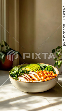 A vibrant bowl filled with grilled chicken, chickpeas, greens, and colorful bell peppers sits on a table bathed in sunlight, highlighting its freshness 126899246