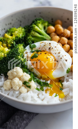 A nourishing bowl combines broccoli, cauliflower, chickpeas, and a sunny-side-up egg on a bed of rice, garnished with green onion and spices for flavor. 126899248