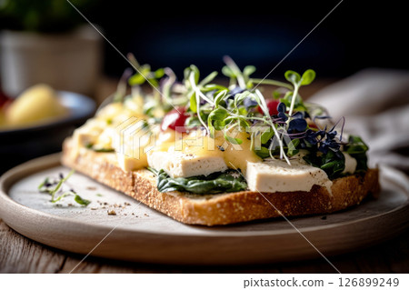 Enjoy a delicious breakfast of toast topped with fresh spinach and tofu, presented on a simple plate. The cozy atmosphere is enhanced by morning sunlight streaming in Enjoy a delicious breakfast of toast topped with fresh spinach and tofu, presented on a simple plate. The cozy atmosphere is enhanced by morning sunlight streaming in 126899249
