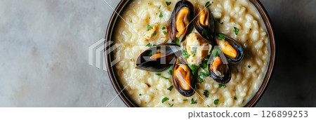 Savor the rich flavors of traditional risotto topped with fresh mussels and parsley, showcasing a warm and inviting meal perfect for any Italian dining experience Savor the rich flavors of traditional risotto topped with fresh mussels and parsley, showcasing a warm and inviting meal perfect for any Italian dining experience 126899253