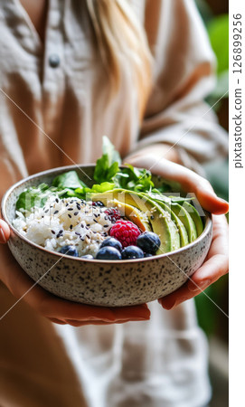 A person holds a bowl filled with rice, avocado, spinach, blueberries, and raspberries while enjoying a bright indoor setting during the day 126899256