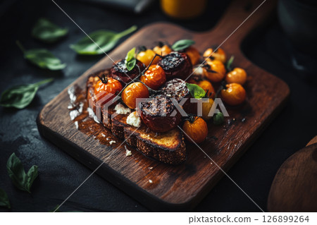 Colorful breakfast toasts feature grilled tomatoes and creamy cheese atop rustic bread, surrounded by fresh basil in a warm kitchen atmosphere during the morning 126899264