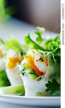 Fresh spring rolls filled with shrimp, lettuce, and herbs are artfully placed on a plate, accompanied by a small bowl of dipping sauce in a delightful dining atmosphere 126899271