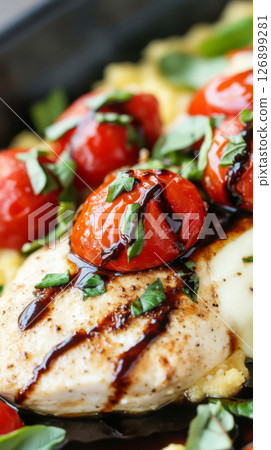 Delicious polenta is plated with slices of ripe tomatoes and creamy mozzarella. Garnished with fresh basil leaves, this traditional Italian dish showcases vibrant colors and flavors 126899281