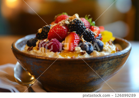 A nourishing bowl filled with oatmeal topped with a colorful variety of fresh berries, including strawberries, blueberries, raspberries, and blackberries, placed on a wooden table 126899289