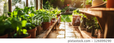 A cozy greenhouse showcases an array of healthy plants and herbs, basking in natural light, while the garden outside adds to the serene atmosphere, banner A cozy greenhouse showcases an array of healthy plants and herbs, basking in natural light, while the garden outside adds to the serene atmosphere, banner 126899290