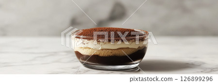 Tiramisu is artfully arranged in a glass dish, revealing layers of coffee-soaked ladyfingers and rich mascarpone, topped with cocoa powder, a classic Italian dessert 126899296