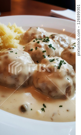 Enjoying a plate of traditional Konigsberger Klopse, featuring tender meatballs in a rich cream sauce, paired perfectly with fluffy mashed potatoes 126899301