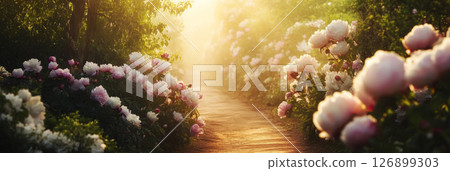 Peony in warm light frame a garden trail with soft haze and spring mood, styled for calm, bloom, and grace visuals, banner Peony in warm light frame a garden trail with soft haze and spring mood, styled for calm, bloom, and grace visuals, banner 126899303